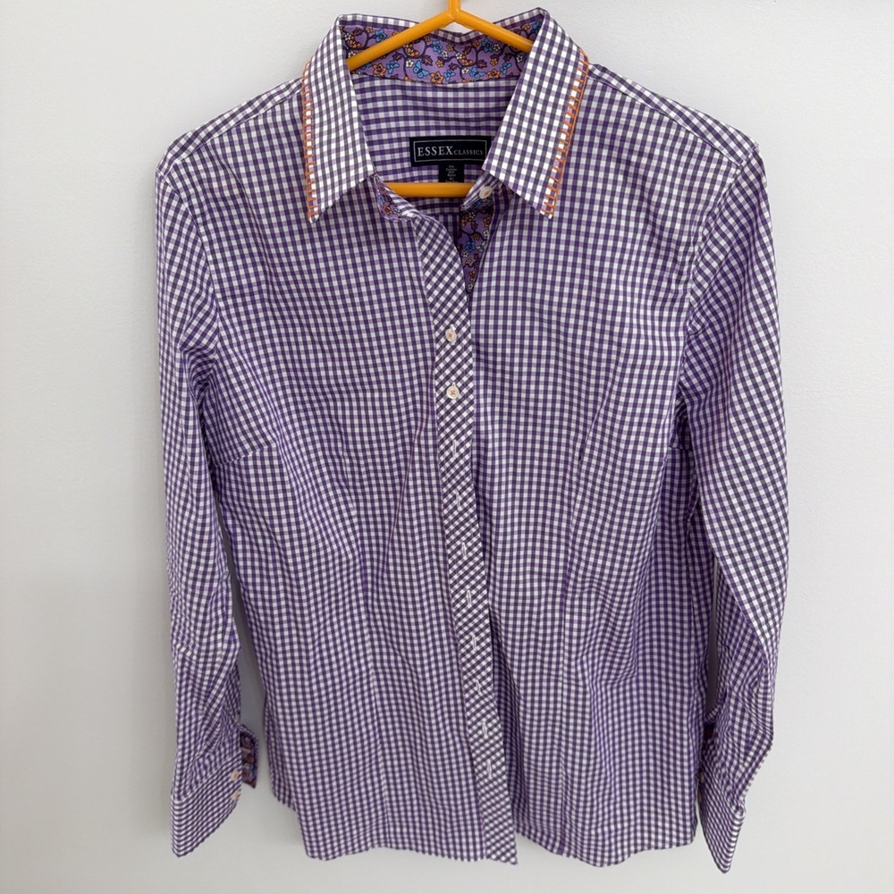 Essex Classics Purple Gingham Check Paisley Turn Back Cuff Equestrian Size L